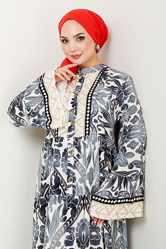 moda selvim Yarım Düğmeli Tesettür Elbise MDP7114-M Siyah - Thumbnail