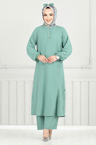 moda selvim Yarım Düğmeli Tesettür Takım 015MR1077-M Açık Mint - Thumbnail