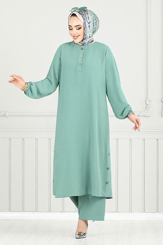 moda selvim Yarım Düğmeli Tesettür Takım 015MR1077-M Açık Mint - Thumbnail