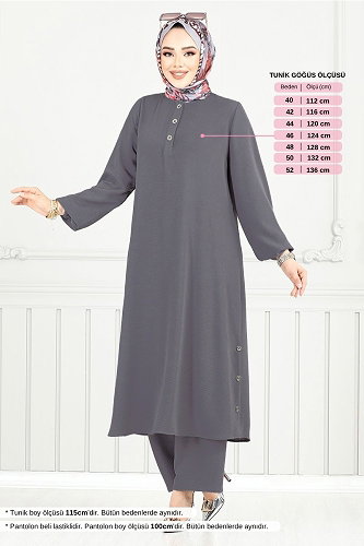 moda selvim Yarım Düğmeli Tesettür Takım 015MR1077-M Antrasit - Thumbnail