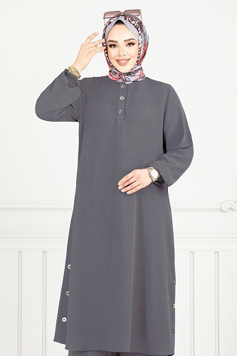 moda selvim Yarım Düğmeli Tesettür Takım 015MR1077-M Antrasit - Thumbnail