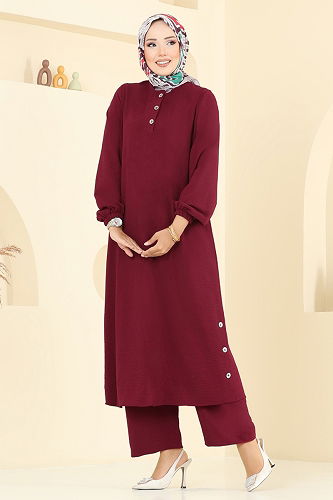 moda selvim Yarım Düğmeli Tesettür Takım 015MR1077-M Bordo - Thumbnail