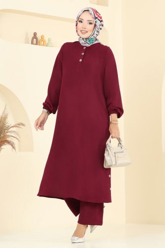 MRV M.R. - Yarım Düğmeli Tesettür Takım 015MR1077-M Bordo