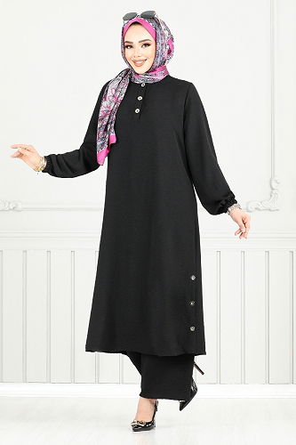 moda selvim Yarım Düğmeli Tesettür Takım 015MR1077-M Siyah - Thumbnail