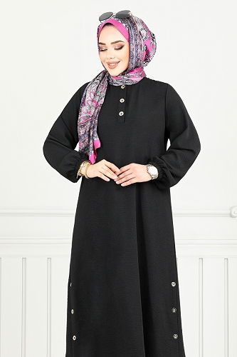 moda selvim Yarım Düğmeli Tesettür Takım 015MR1077-M Siyah - Thumbnail