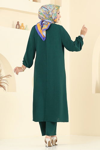 moda selvim Yarım Düğmeli Tesettür Takım 015MR1077-M Zümrüt - Thumbnail