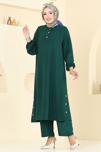 moda selvim Yarım Düğmeli Tesettür Takım 015MR1077-M Zümrüt - Thumbnail