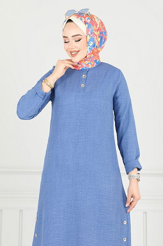 moda selvim Yarım Düğmeli Tesettür Takım 018MR1078 Açık İndigo - Thumbnail