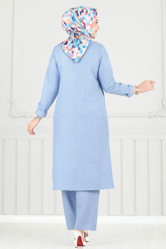 moda selvim Yarım Düğmeli Tesettür Takım 018MR1078 Bebe Mavisi - Thumbnail