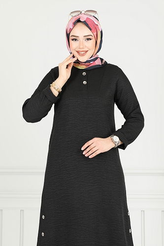moda selvim Yarım Düğmeli Tesettür Takım 018MR1078 Siyah - Thumbnail