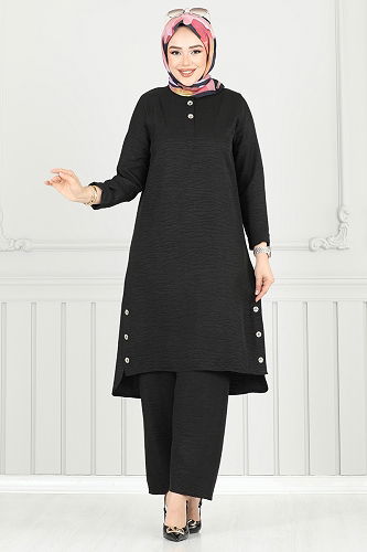moda selvim Yarım Düğmeli Tesettür Takım 018MR1078 Siyah - Thumbnail