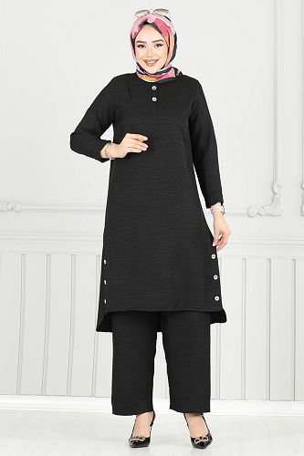 moda selvim Yarım Düğmeli Tesettür Takım 018MR1078 Siyah - Thumbnail