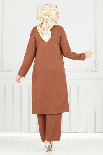 moda selvim Yarım Düğmeli Tesettür Takım 018MR1078 Taba - Thumbnail