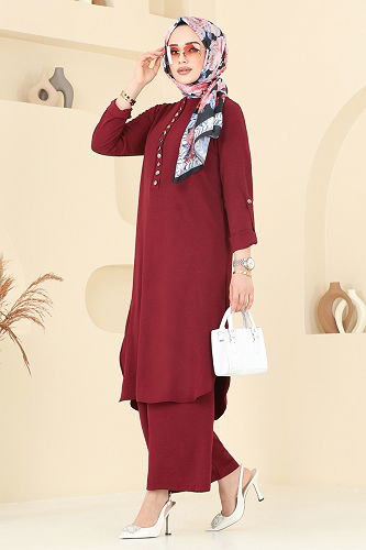 moda selvim Yarım Düğmeli Tesettür Takım 2328MP806 Bordo - Thumbnail