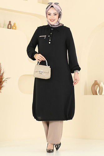 moda selvim Yarım Düğmeli Tesettür Takım 2652SL432 Siyah&Vizyon - Thumbnail
