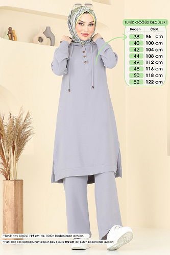 moda selvim Yarım Düğmeli Tesettür Takım 370DVL817 Gri - Thumbnail