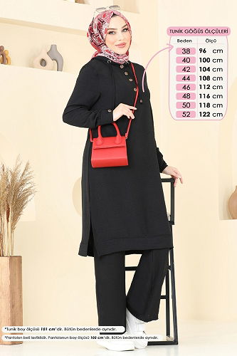 moda selvim Yarım Düğmeli Tesettür Takım 370DVL817 Siyah - Thumbnail