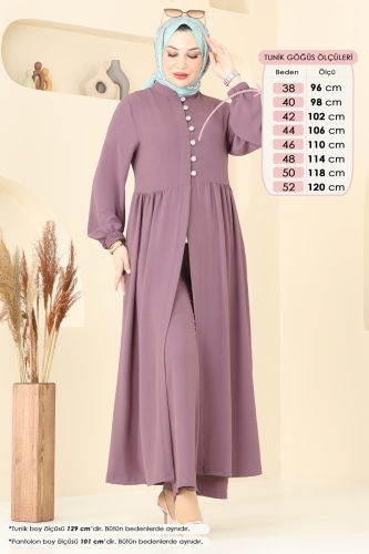 moda selvim Yarım Düğmeli Tesettür Takım 383DVL817 Koyu Lila - Thumbnail