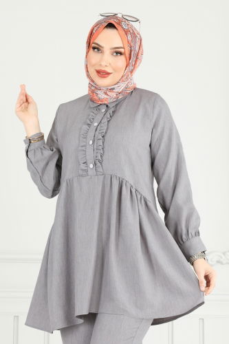 moda selvim Yarım Düğmeli Tesettür Takım 6093TEG847 Gri - Thumbnail