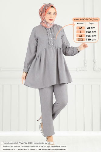 moda selvim Yarım Düğmeli Tesettür Takım 6093TEG847 Gri - Thumbnail