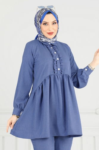 moda selvim Yarım Düğmeli Tesettür Takım 6093TEG847 Mavi - Thumbnail
