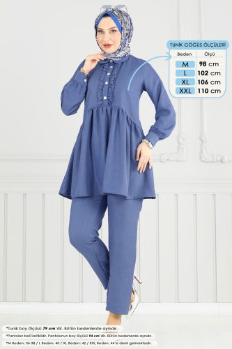 moda selvim Yarım Düğmeli Tesettür Takım 6093TEG847 Mavi - Thumbnail