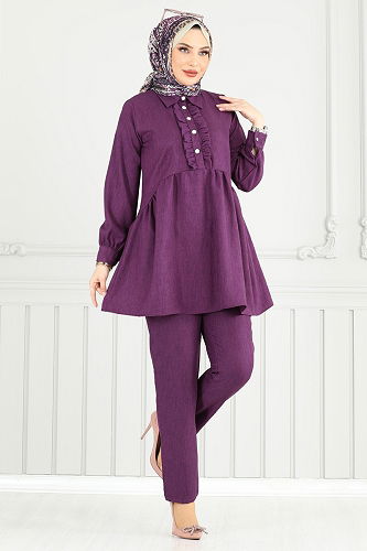 moda selvim Yarım Düğmeli Tesettür Takım 6093TEG847 Mor - Thumbnail