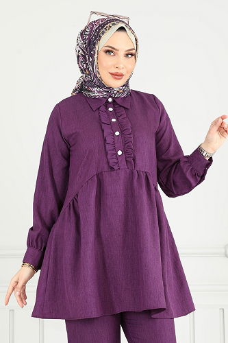moda selvim Yarım Düğmeli Tesettür Takım 6093TEG847 Mor - Thumbnail