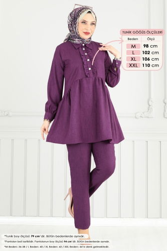 moda selvim Yarım Düğmeli Tesettür Takım 6093TEG847 Mor - Thumbnail