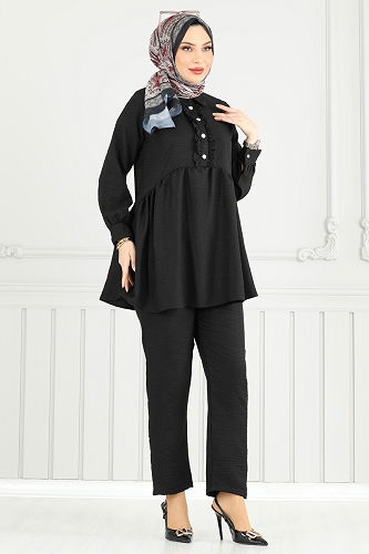 moda selvim Yarım Düğmeli Tesettür Takım 6093TEG847 Siyah - Thumbnail