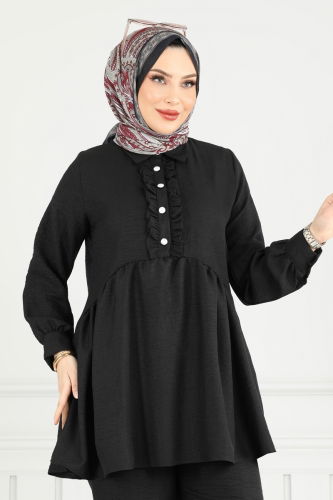 moda selvim Yarım Düğmeli Tesettür Takım 6093TEG847 Siyah - Thumbnail