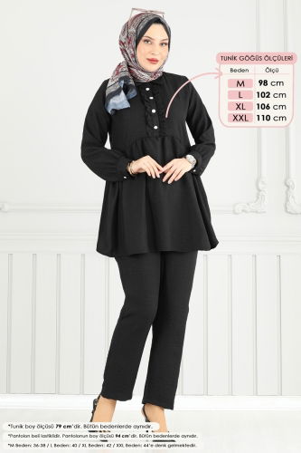 moda selvim Yarım Düğmeli Tesettür Takım 6093TEG847 Siyah - Thumbnail