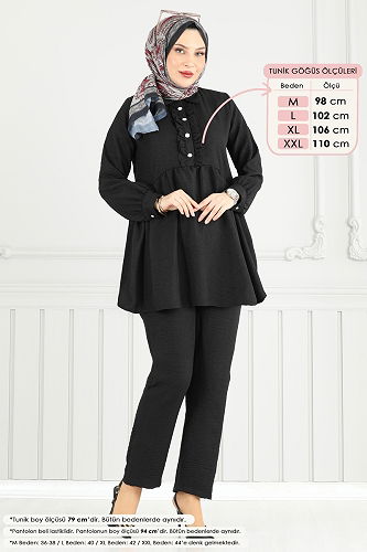 moda selvim Yarım Düğmeli Tesettür Takım 6093TEG847 Siyah - Thumbnail