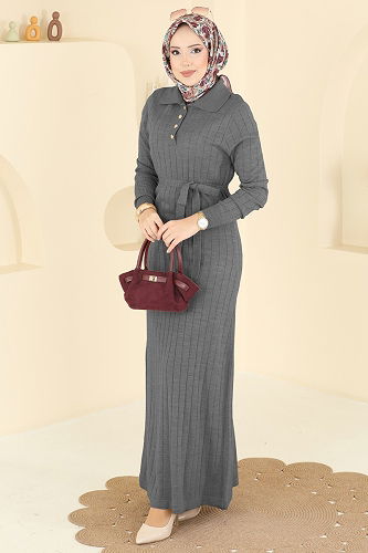 moda selvim Yarım Düğmeli Triko Elbise 0012MT581 Füme - Thumbnail