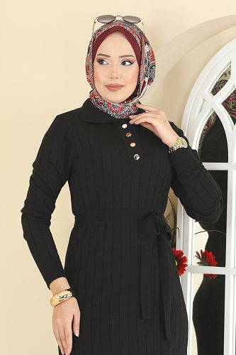 moda selvim Yarım Düğmeli Triko Elbise 0012MT581 Siyah - Thumbnail