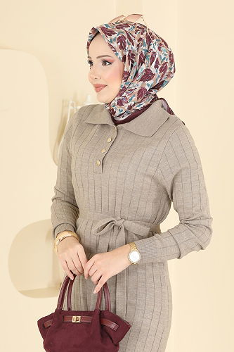 moda selvim Yarım Düğmeli Triko Elbise 0012MT581 Vizyon - Thumbnail