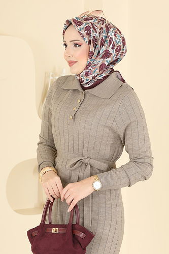 moda selvim Yarım Düğmeli Triko Elbise 0012MT581 Vizyon - Thumbnail