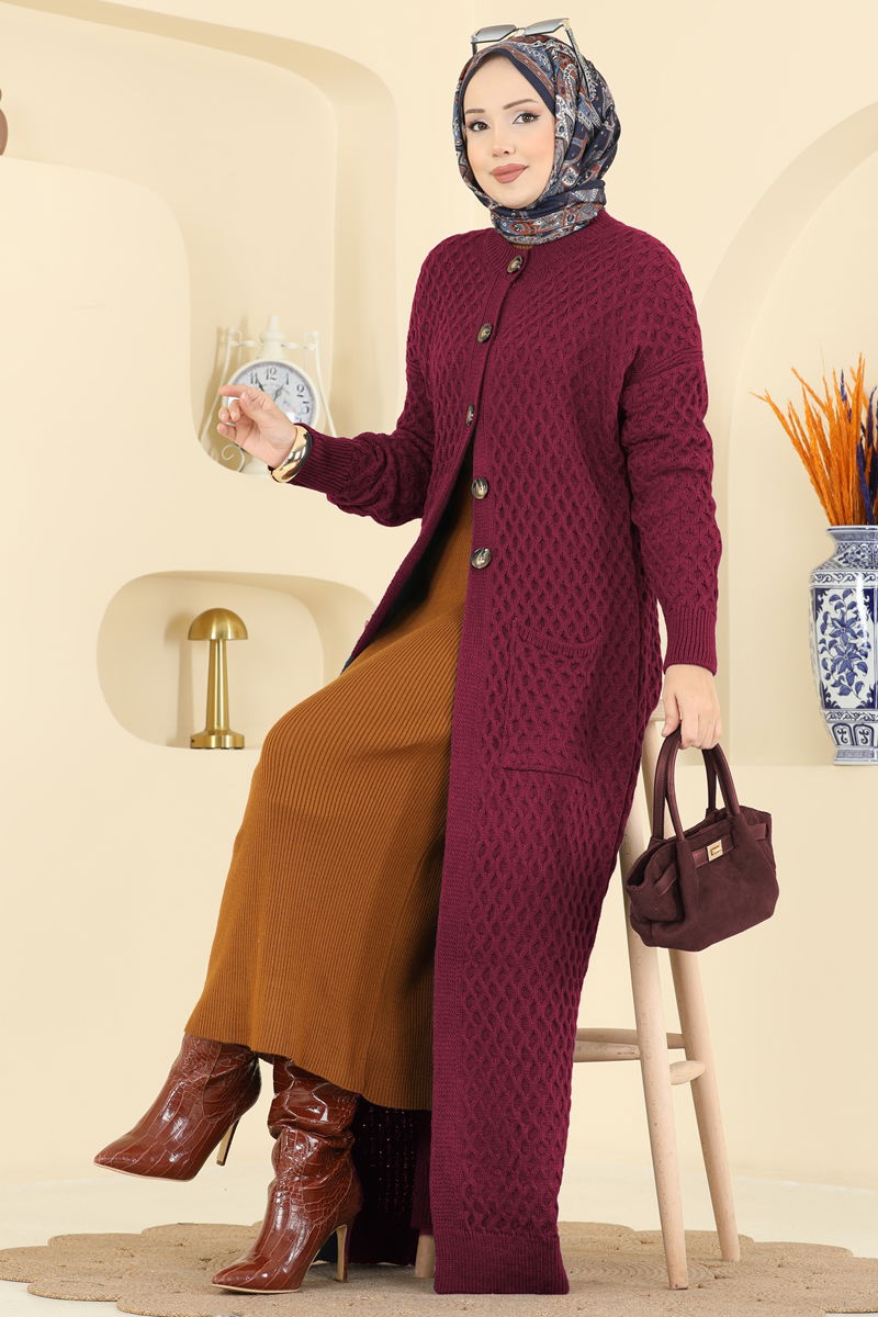 Yarım Düğmeli Triko Hırka 4278BRZ597 Bordo