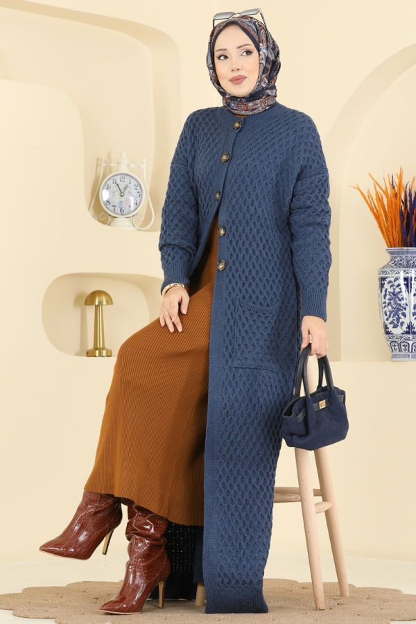 Modaselvim Hırka/Yelek Yarım Düğmeli Triko Hırka 4278BRZ597 Koyu İndigo