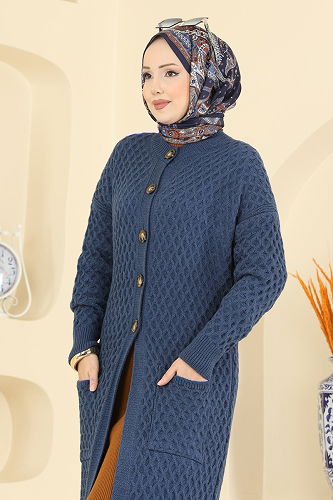 moda selvim Yarım Düğmeli Triko Hırka 4278BRZ597 Koyu İndigo - Thumbnail