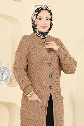 moda selvim Yarım Düğmeli Triko Hırka 4278BRZ597 Latte - Thumbnail