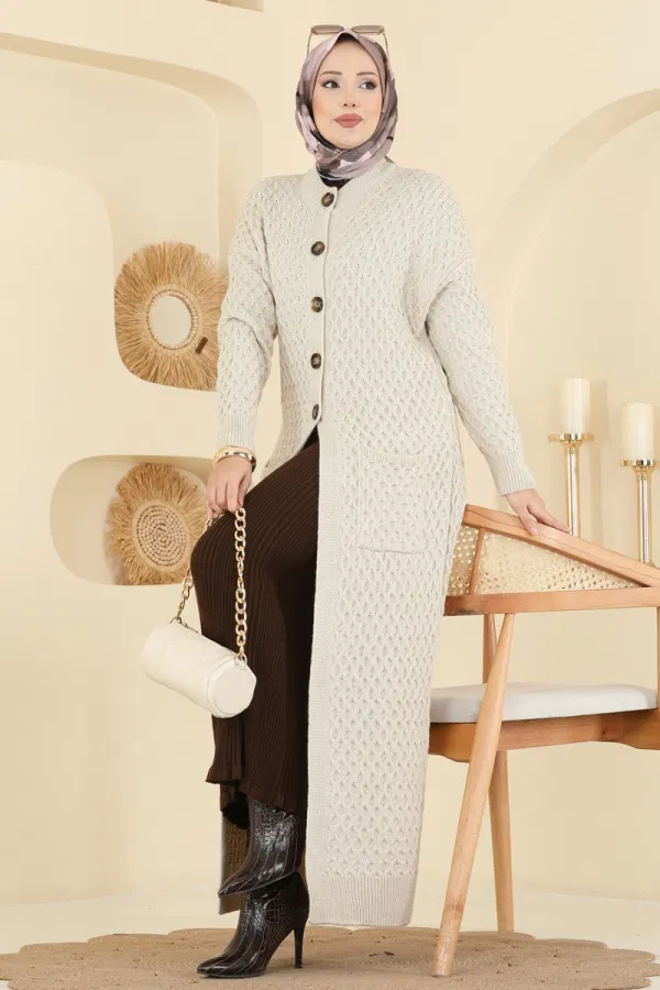 Modaselvim Hırka/Yelek Yarım Düğmeli Triko Hırka 4278BRZ597 Taş