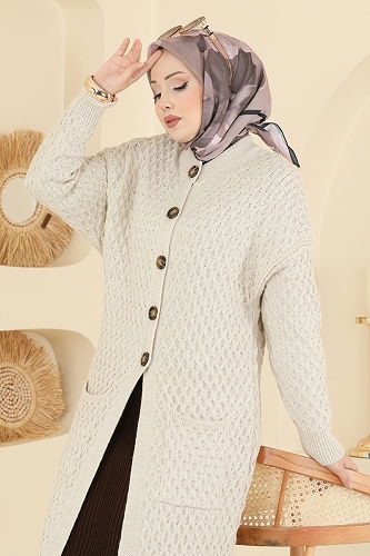 moda selvim Yarım Düğmeli Triko Hırka 4278BRZ597 Taş - Thumbnail