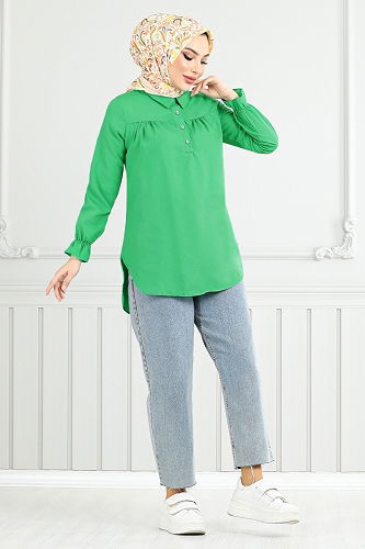 moda selvim Yarım Düğmeli Tunik 402EVO1065-M Benetton Yeşili - Thumbnail