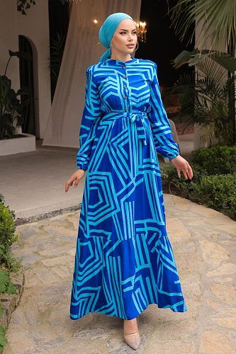 moda selvim Yarım Düğmeli Viskon Elbise 1125BG354 Saks - Thumbnail