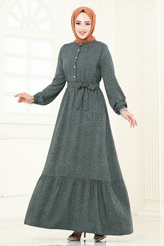 moda selvim Yarım Düğmeli Viskon Elbise 4068ZNN863 Çağla - Thumbnail