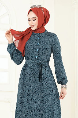 moda selvim Yarım Düğmeli Viskon Elbise 4068ZNN863 İndigo - Thumbnail