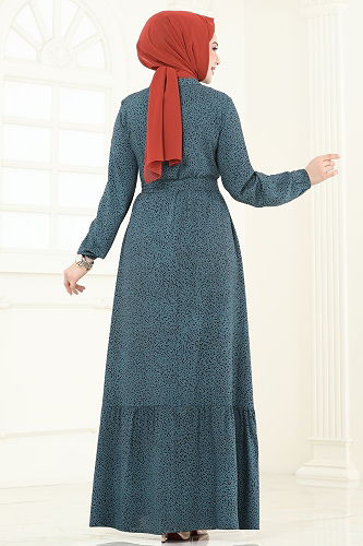 moda selvim Yarım Düğmeli Viskon Elbise 4068ZNN863 İndigo - Thumbnail