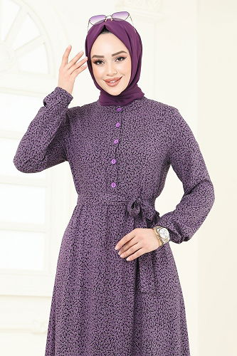 moda selvim Yarım Düğmeli Viskon Elbise 4068ZNN863 Koyu Lila - Thumbnail