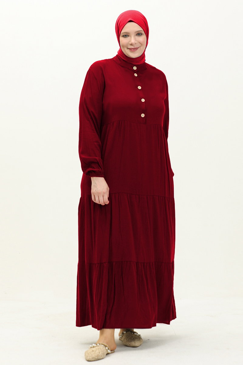 Yarım Düğmeli Viskon Elbise 5001ERK1158 Bordo